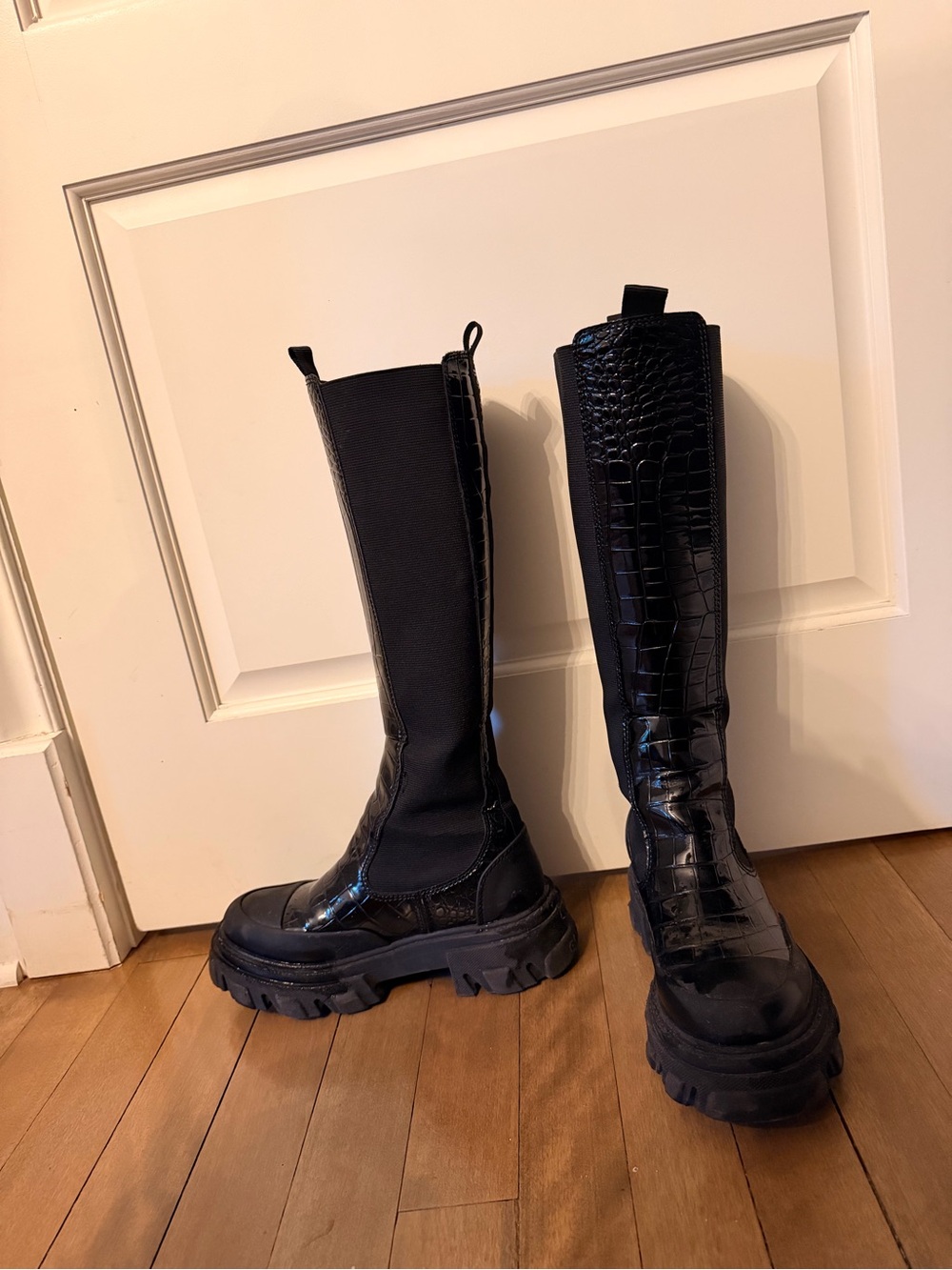 Ganni Black Croc-Embossed Tall Combat Boots - Picture 5 of 5